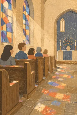 Sunlit Church Pews and Stained Glass