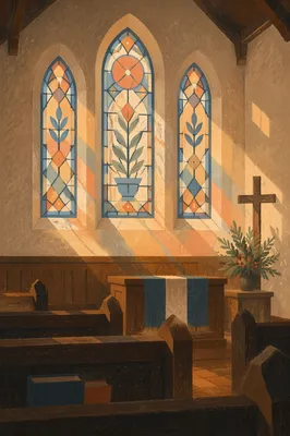Sunlit Chapel Pews and Stained Glass