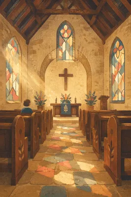 Sunlit Church Pews With Stained Glass