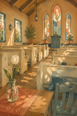 Sunlit Chapel Pews with Stained Glass