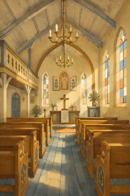 Sunlit Chapel Pews with Stained Glass