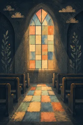 Sunlit Church Pews and Stained Glass