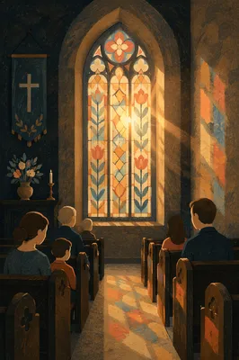Sunlit Church Pews and Stained Glass