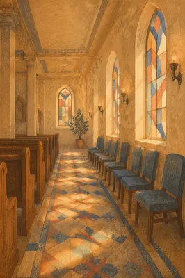 Sunlit Church Pews and Stained Glass