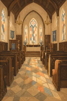 Sunlit Historic Church Pews and Stained Glass