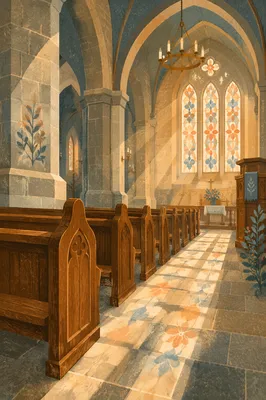 Sunlit Church Pews and Stained Glass