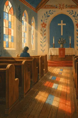 Sunlit Chapel Pews with Stained Glass