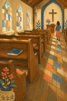 Sunlit Chapel Pews With Stained Glass