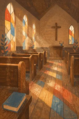 Sunlit Chapel Pews with Stained Glass