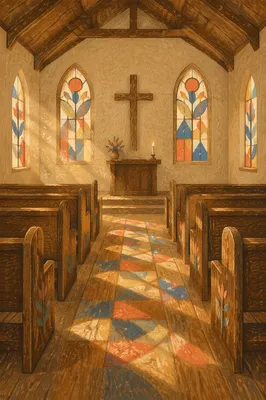 Sunlit Chapel Pews with Stained Glass