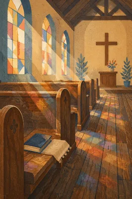 Sunlit Church Pews with Stained Glass