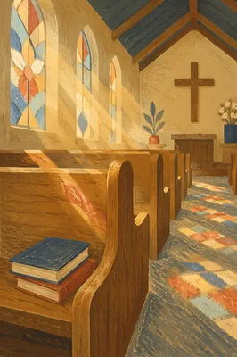 Sunlit Church Pews With Stained Glass
