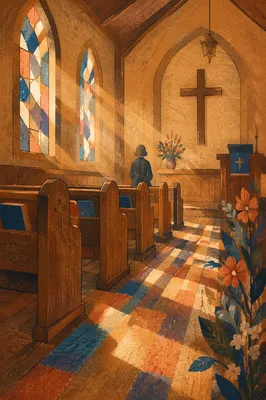 Sunlit Chapel Pews with Stained Glass