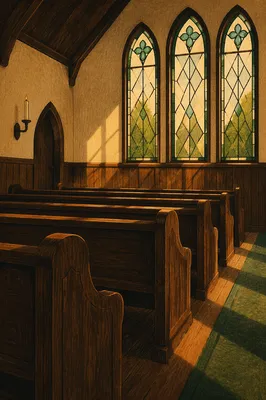 Sunlit Wooden Chapel Pews with Stained Glass