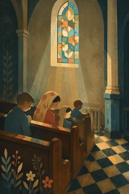 Quiet Church Pews in Stained Glass Sunlight