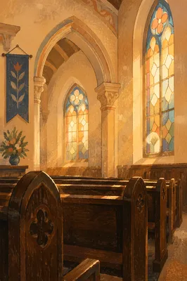 Sunlit Church Pews with Stained Glass