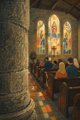 Sunlit Church Pews and Stained Glass Sanctuary