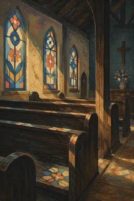 Sunlit Chapel Pews with Stained Glass