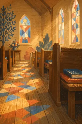 Sunlit Chapel Pews with Stained Glass