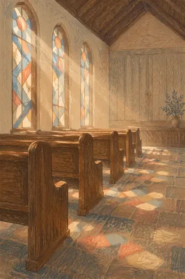 Sunlit Chapel Pews with Stained Glass