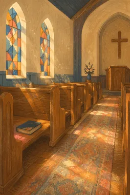 Sunlit Church Pews with Stained Glass