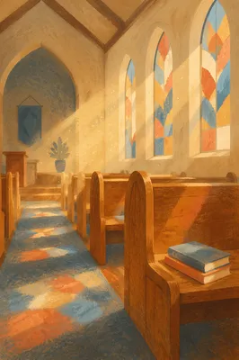 Sunlit Church Pews with Stained Glass