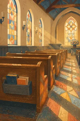 Sunlit Chapel Pews with Stained Glass