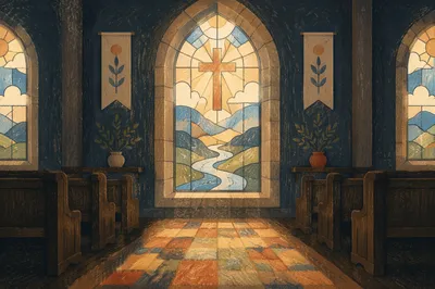 Sunlit Chapel Pews with Stained Glass