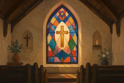 Sunlit Stained Glass Above Chapel Pews