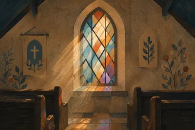 Sunlit Chapel Pews and Stained Glass