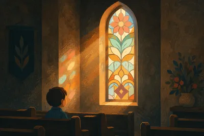 Sunlit Stained Glass Over Chapel Pews