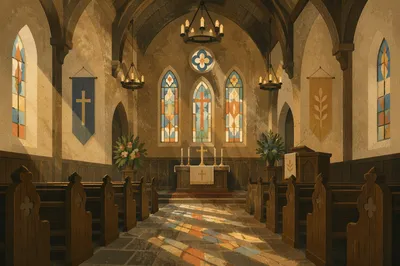 Sunlit Church Pews Beneath Stained Glass