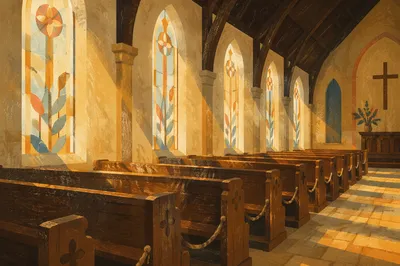 Sunlit Church Pews With Stained Glass