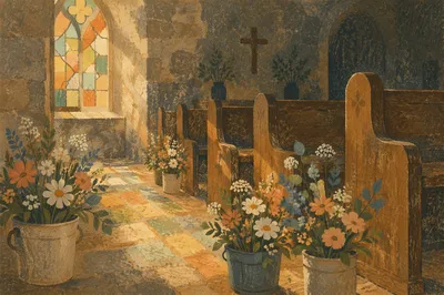 Sunlit Church Pews With Stained Glass Flowers