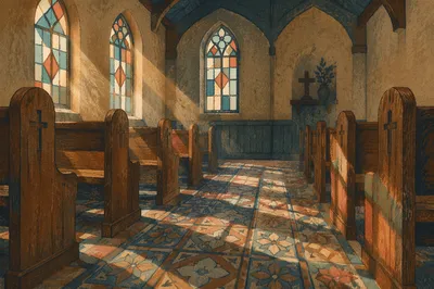 Sunlit Church Pews With Stained Glass