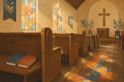 Sunlit Chapel Pews with Stained Glass