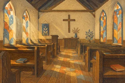 Sunlit Church Pews with Stained Glass