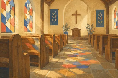 Sunlit Church Pews with Stained Glass