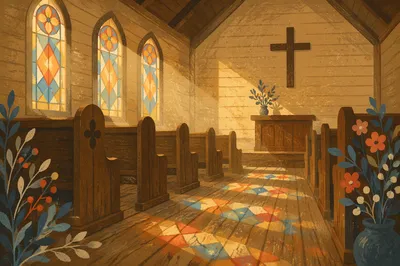 Sunlit Church Pews with Stained Glass