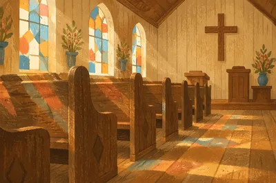 Sunlit Chapel Pews with Stained Glass