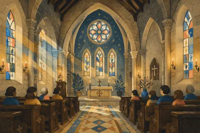 Sunlit Church Pews with Stained Glass