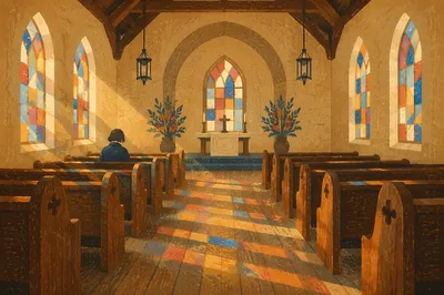 Sunlit Church Pews Beneath Stained Glass