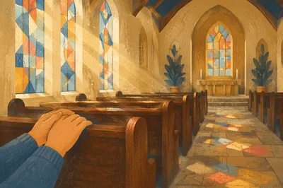 Sunlit Church Pews and Stained Glass