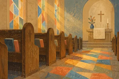 Sunlit Church Pews with Stained Glass