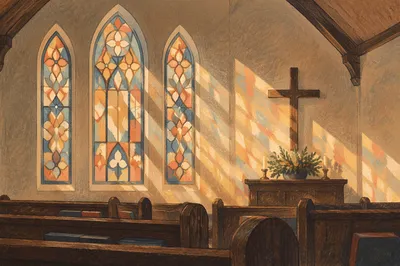 Sunlit Church Pews and Stained Glass