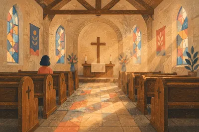 Sunlit Village Church Pews and Stained Glass
