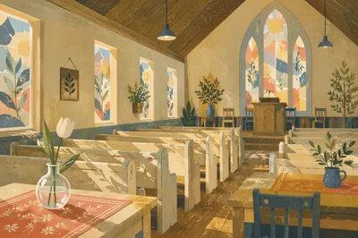 Sunlit Chapel Pews with Stained Glass