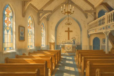 Sunlit Chapel Pews With Stained Glass