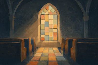 Sunlit Church Pews and Stained Glass