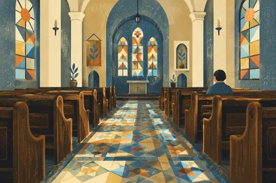 Sunlit Church Pews and Stained Glass